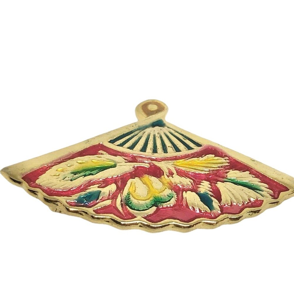 Vintage Cloisonné Gold Tone Fan Brooch Pin Red Yellow Blue Leaves Pin Back - Picture 3 of 6